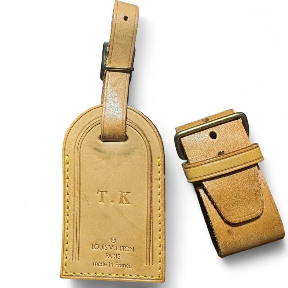 Louis Vuitton Vachetta Leather Luggage Tag & Strap Set Initials “T.K” Authentic